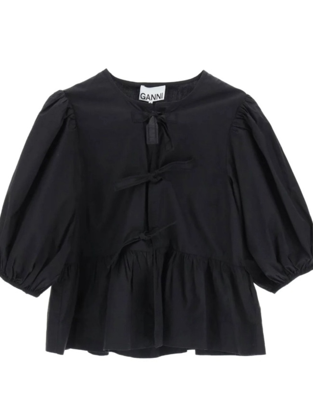 Ganni Black Puff-Sleeve Tie-Front Peplum Blouse